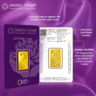 MMTC PAMP 10 gram gold bar displayed with assay certificate and secure packaging