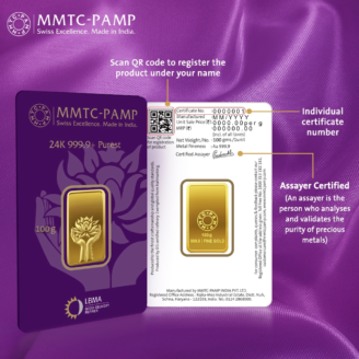 MMTC PAMP 100 gram gold bar with assay certificate
