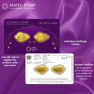MMTC-PAMP gold coin featuring Goddess Lakshmi and Lord Ganesha in a unique shankh-shaped design.