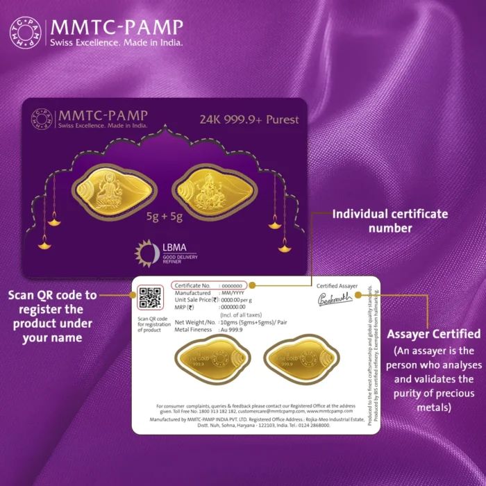 MMTC-PAMP gold coin featuring Goddess Lakshmi and Lord Ganesha in a unique shankh-shaped design.