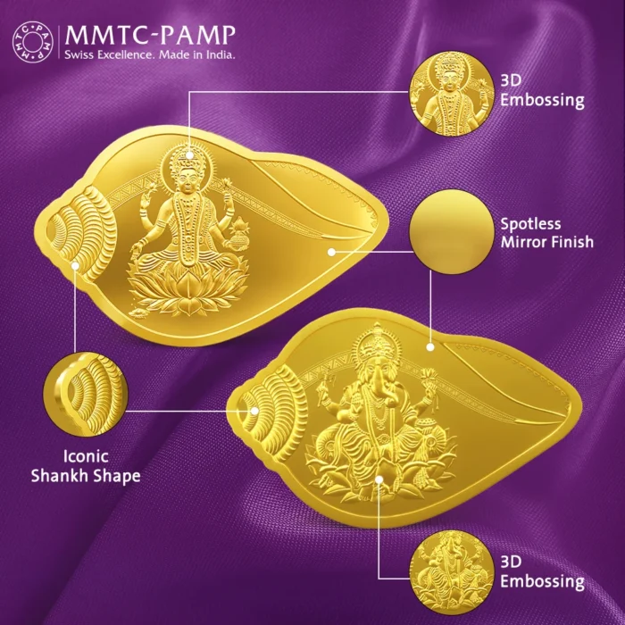 MMTC-PAMP gold coin featuring Goddess Lakshmi and Lord Ganesha in a unique shankh-shaped design.