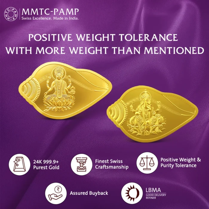 MMTC-PAMP gold coin featuring Goddess Lakshmi and Lord Ganesha in a unique shankh-shaped design.