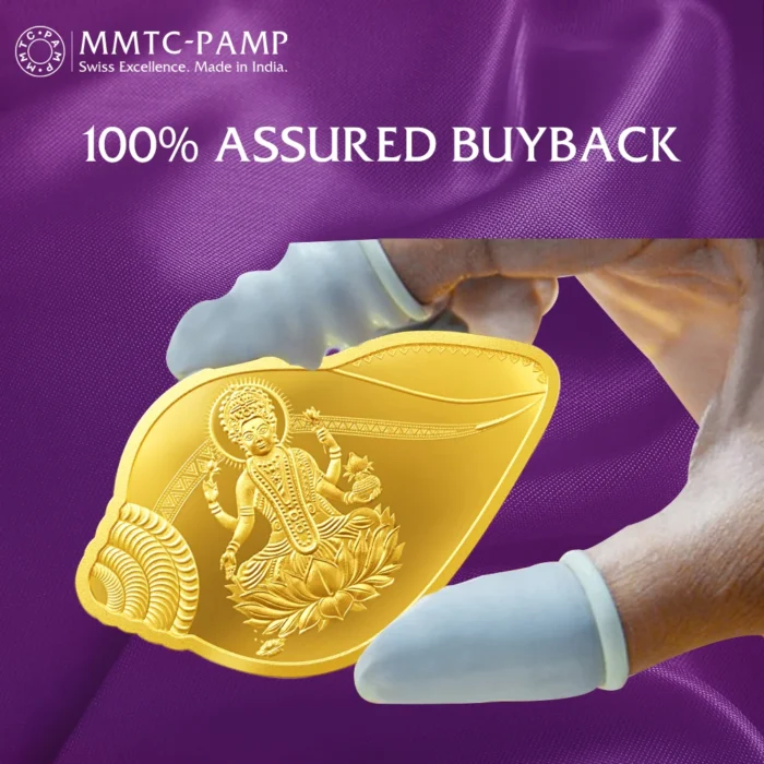 MMTC-PAMP gold coin featuring Goddess Lakshmi and Lord Ganesha in a unique shankh-shaped design.