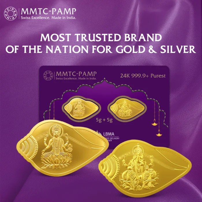MMTC-PAMP gold coin featuring Goddess Lakshmi and Lord Ganesha in a unique shankh-shaped design.
