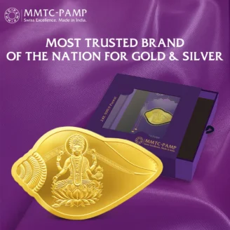 Lakshmi shankh-shaped gold coin in premium gift packaging with authenticity certificate.
