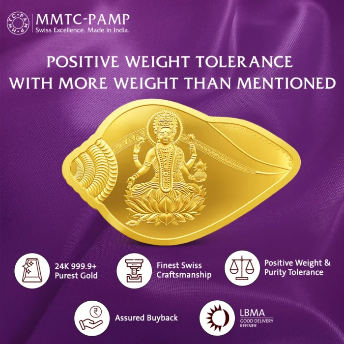 Premium MMTC-PAMP Lakshmi shankh-shaped 24K gold coin with certified purity and elegant design.