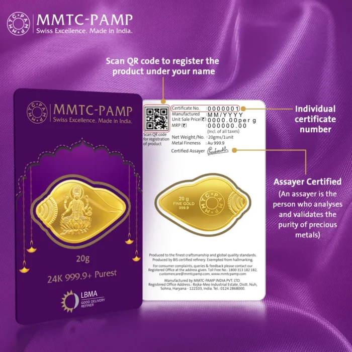 Lakshmi shankh-shaped gold coin presented with assay certificate and secure packaging.