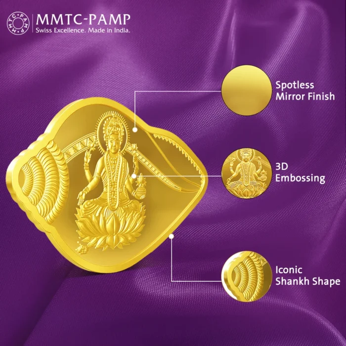 Close-up of the Lakshmi shankh-shaped gold coin with embossed artwork and mirror-like finish.