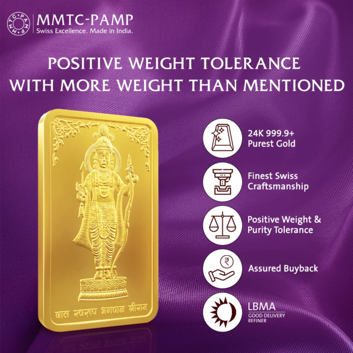 MMTC PAMP 10 gram Ram Lalla gold bar with 999.9 purity and premium packaging