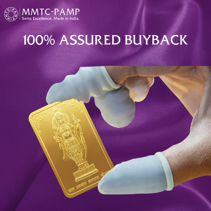 Hand holding MMTC PAMP Ram Lalla 10 gram gold bar with 100% assured buyback