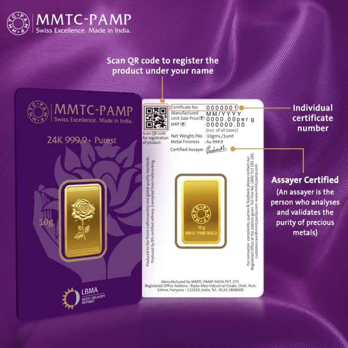 Premium 10 gram gold bar featuring elegant rose design